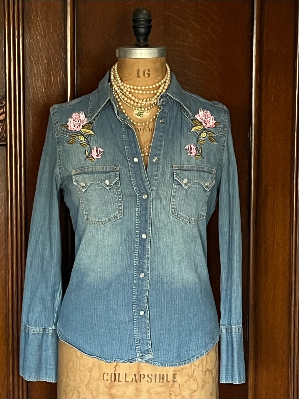 Western Cowgirl Boho Rodeo Denim Button-Down Shirt with Pink Rose Embroidery